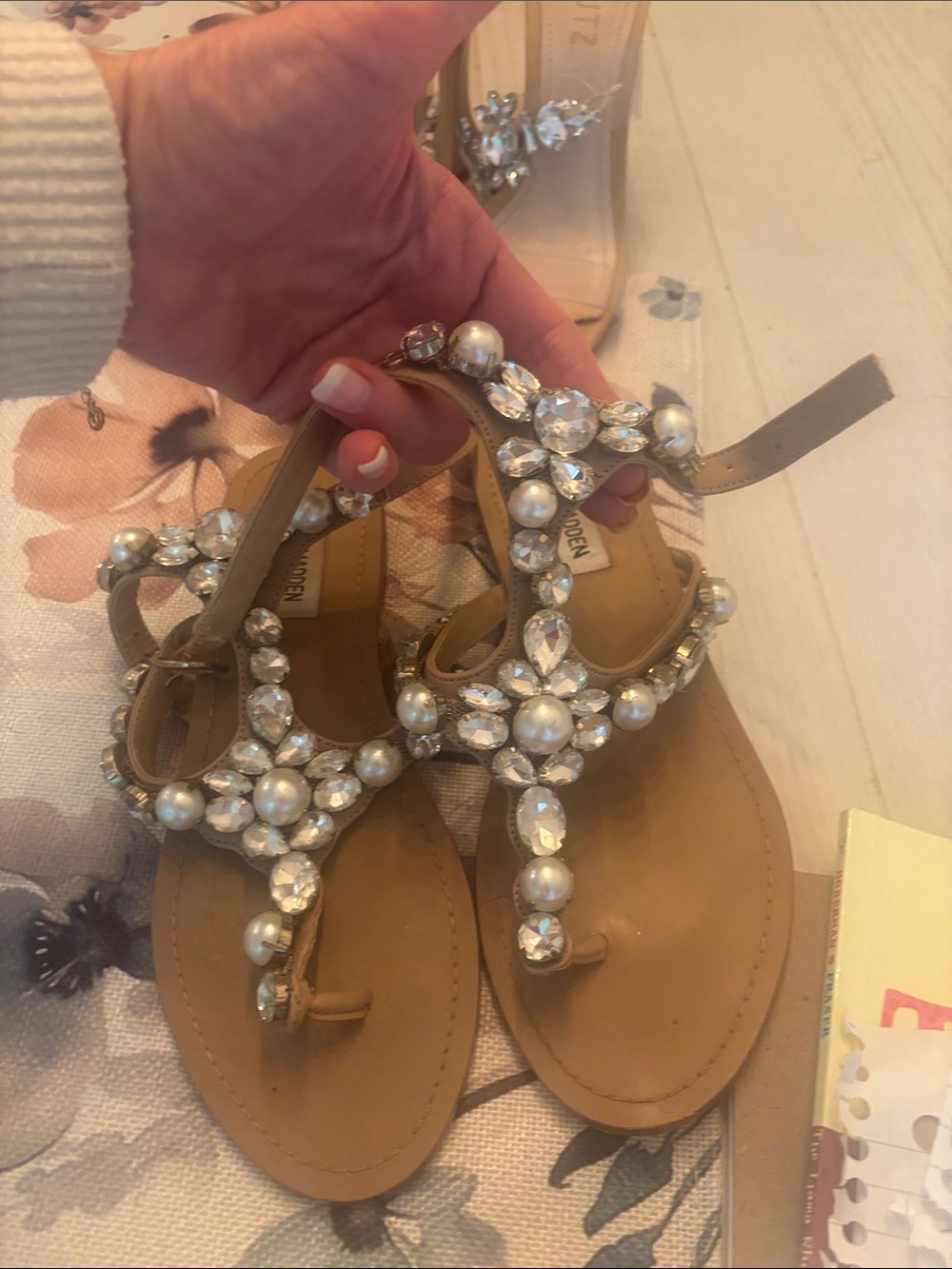 Steve Madden Pearl & Crystal Embellished Tan Sandals